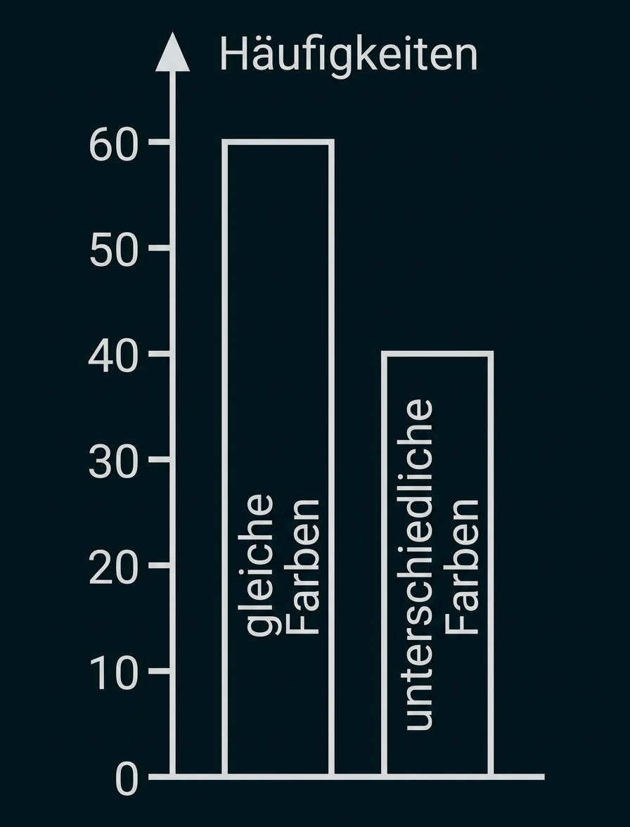 Balkendiagramm mit Häufigkeiten: 60 gleiche Farben und 40 unterschiedliche Farben.